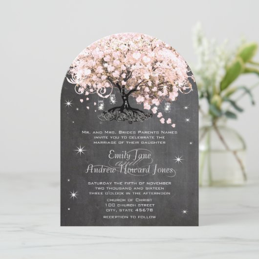 Mason Jar Pink Chalkboard Herz Leaf Tree Einladung (Stehend Vorderseite)