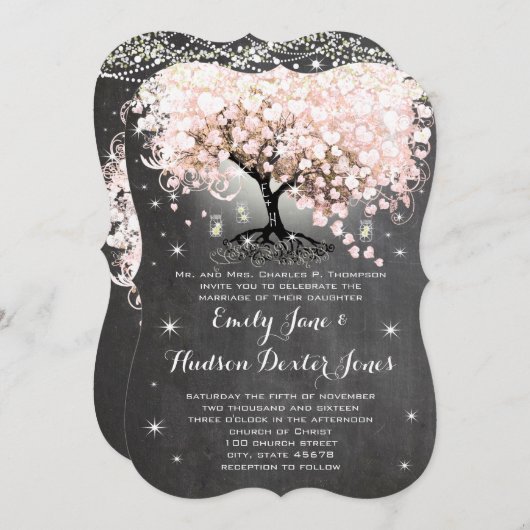 Mason Jar Pink Chalkboard Herz Leaf Tree Einladung (Vorne/Hinten)