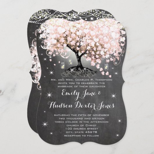 Mason Jar Pink Chalkboard Herz Leaf Tree Einladung (Vorne/Hinten)