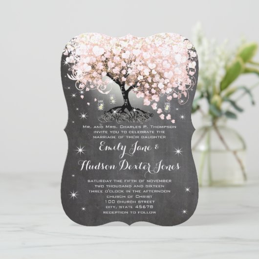 Mason Jar Pink Chalkboard Herz Leaf Tree Einladung (Stehend Vorderseite)