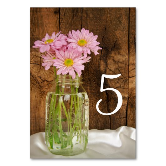 Mason Jar Pink Daisies Barn Wedding Tischnummern (Rückseite)