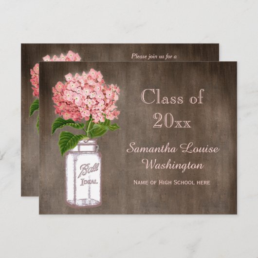 Mason Jar & Pink Hydrangea Rustic Graduation Party Einladung (Vorne/Hinten)