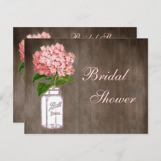 Mason Jar & Pink Hydrangea Rustikales Brautparty Einladung (Vorne/Hinten)