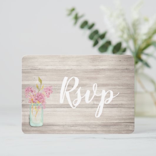 Mason Jar Pink Lilac Rustic Wood Rsvp Card Save The Date (Stehend Vorderseite)