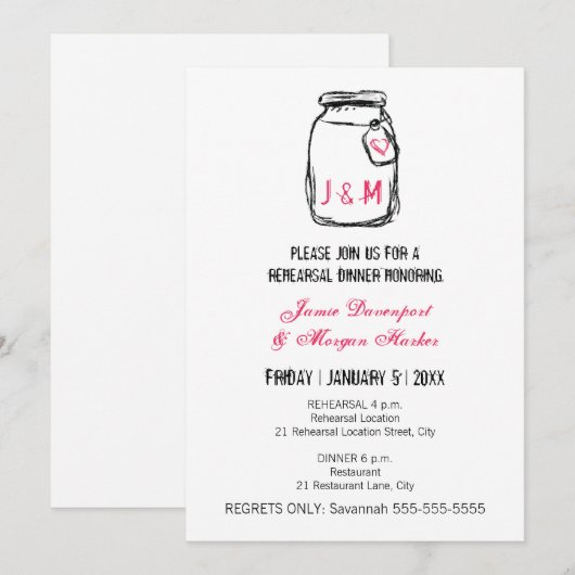 Mason Jar & Pink Probe Dinner Einladung (Vorne/Hinten)