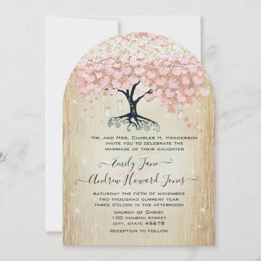 Mason Jar Pink Rose Gold Herz Leaf Tree Einladung (Vorderseite)