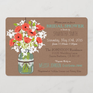 Mason Jar, Poppies & Burlap Rustic Brautparty Einladung