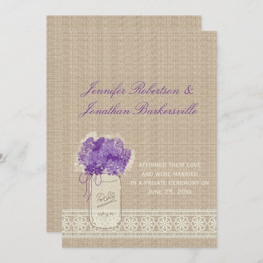 Mason Jar Purple Flowers Lace Post Wedding Einladung (Vorne/Hinten)