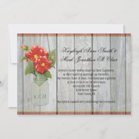 Mason Jar Red Dahlias Barn Wood Einladungen (Vorderseite)