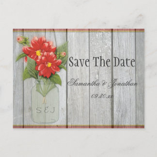 Mason Jar Red Dahlias Barn Wood Save the Date Ankündigungspostkarte