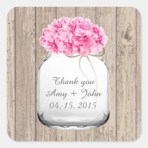 Mason jar rosa Hydrangea Gastgeschenke Hochzeiten Quadratischer Aufkleber