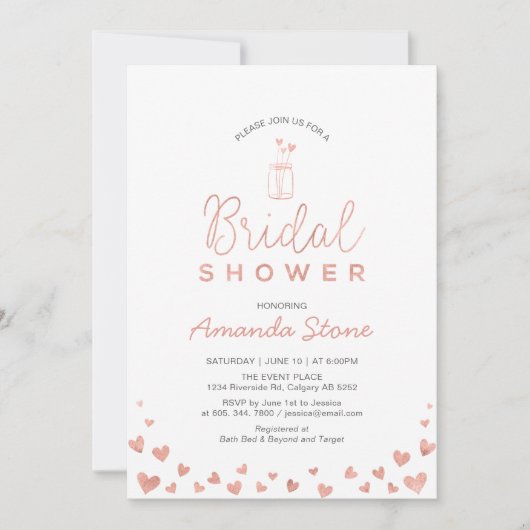 Mason Jar, Rose Gold & Blush Pink Brautparty Einladung (Vorderseite)