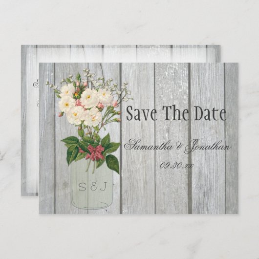 Mason Jar Rose Rustikales Barnholz Save the Date Ankündigungspostkarte (Vorne/Hinten)