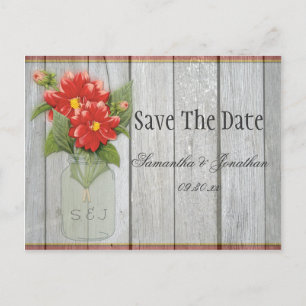 Mason Jar Rote Dahlien Scheunenholz Save The Date Ankündigungspostkarte