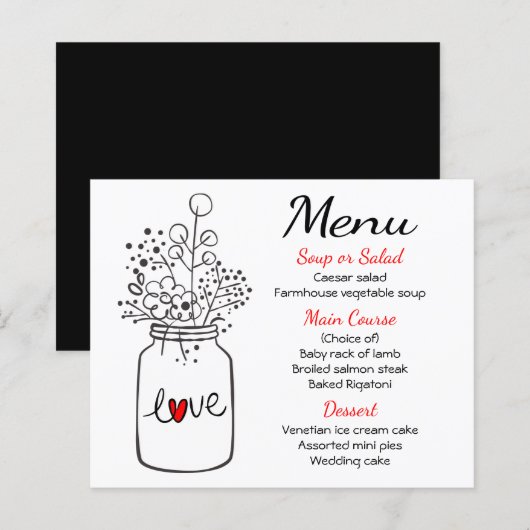 Mason Jar Rust Wedding Menu Schwarz Rote Flora (Vorne/Hinten)