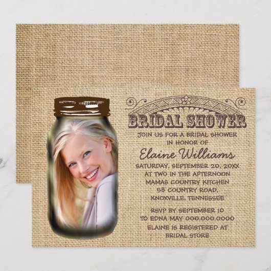 Mason Jar Rustic Burlap Bridal Dusche Einladung (Vorne/Hinten)