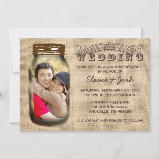 Mason Jar Rustic Burlap Country Wedding Einladung (Vorderseite)