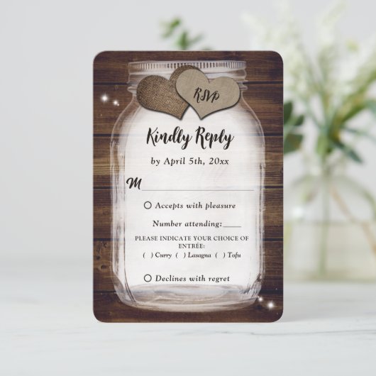 Mason Jar Rustic Country Barn Wood Wedding Meal RSVP Karte (Stehend Vorderseite)