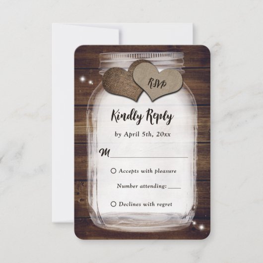 Mason Jar Rustic Country Burlap Heart Wedding RSVP (Vorderseite)