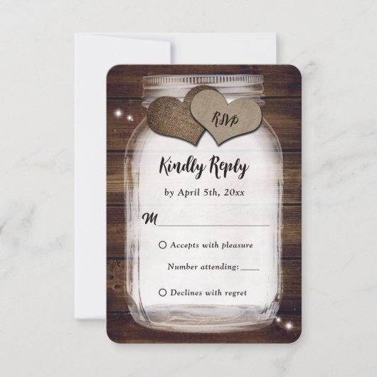 Mason Jar Rustic Country Burlap Heart Wedding RSVP Karte (Vorderseite)