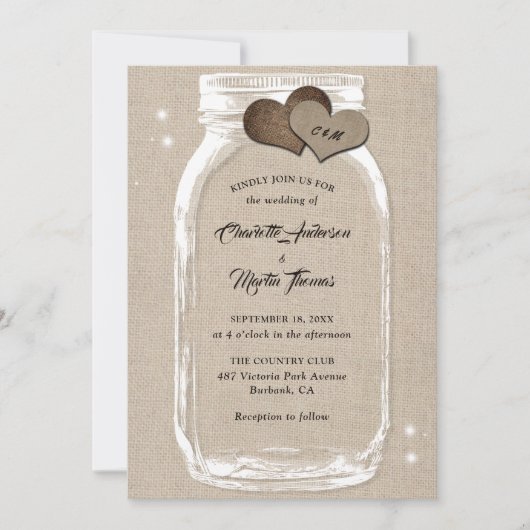 Mason Jar Rustic Country Burlap Wedding Einladung (Vorderseite)
