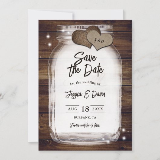 Mason Jar Rustic Country Heart Barn Wood Wedding Save The Date (Vorderseite)