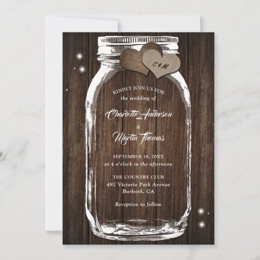 Mason Jar Rustic Country Wood Burlap Heart Wedding Einladung (Vorderseite)