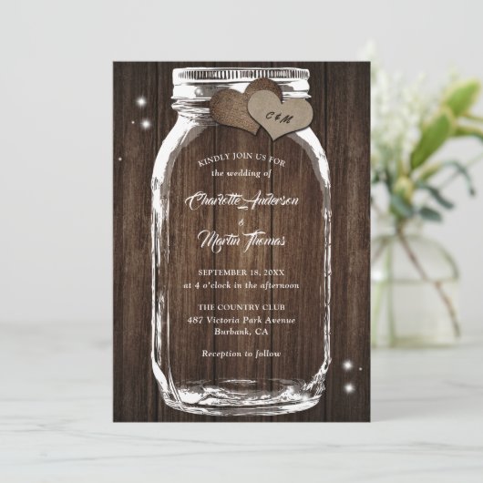 Mason Jar Rustic Country Wood Burlap Heart Wedding Einladung (Stehend Vorderseite)