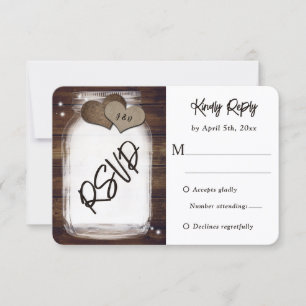 Mason Jar Rustic Country Wood Burlap Heart Wedding RSVP Karte