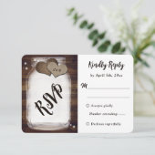 Mason Jar Rustic Country Wood Burlap Heart Wedding RSVP Karte (Stehend Vorderseite)