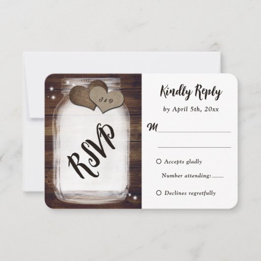 Mason Jar Rustic Country Wood Burlap Heart Wedding RSVP Karte (Vorderseite)