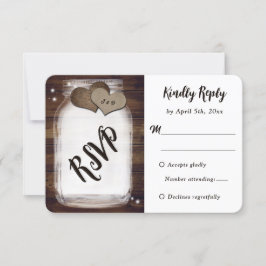 Mason Jar Rustic Country Wood Burlap Heart Wedding RSVP Karte