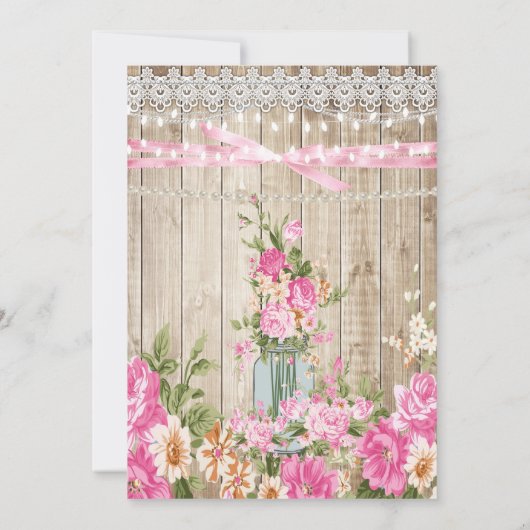 Mason Jar Rustic Pearl String Lights Floral Pink Einladung (Rückseite)