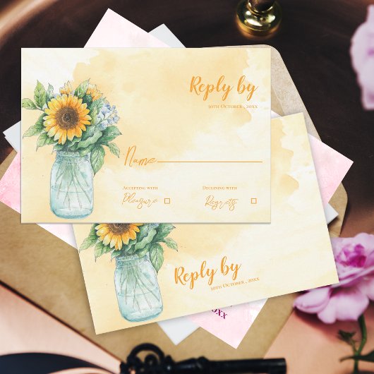 Mason Jar Rustic Sonnenblumen Country Wedding Antw RSVP Karte