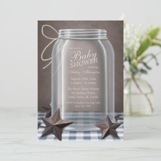 Mason Jar Rustic Stars Blue Gingham Baby Dusche Einladung (Stehend Vorderseite)