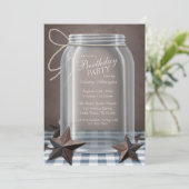 Mason Jar Rustic Stars Blue Gingham Birthday Party Einladung (Stehend Vorderseite)