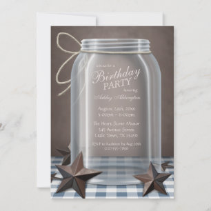 Mason Jar Rustic Stars Blue Gingham Birthday Party Einladung