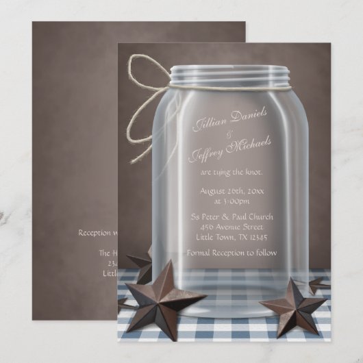 Mason Jar Rustic Stars Blue Gingham Wedding Einladung (Vorne/Hinten)