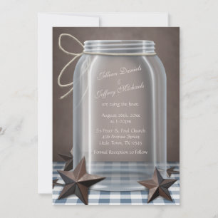 Mason Jar Rustic Stars Blue Gingham Wedding Einladung