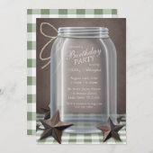 Mason Jar Rustic Stars Green Gingham Birthday Einladung (Vorne/Hinten)