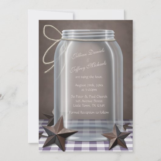 Mason Jar Rustic Stars Lila Gingham Wedding Einladung (Vorderseite)