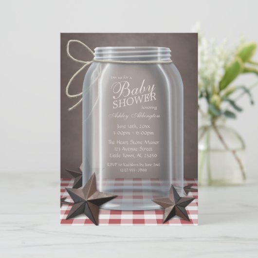 Mason Jar Rustic Stars Red Gingham Baby Dusche Einladung (Stehend Vorderseite)