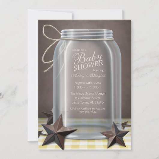 Mason Jar Rustic Stars Yellow Gingham Baby Dusche Einladung (Vorderseite)