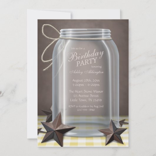 Mason Jar Rustic Stars Yellow Gingham Birthday Einladung (Vorderseite)