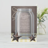 Mason Jar Rustic Stars Yellow Gingham Birthday Einladung (Stehend Vorderseite)