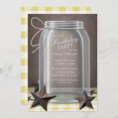 Mason Jar Rustic Stars Yellow Gingham Birthday Einladung (Vorne/Hinten)