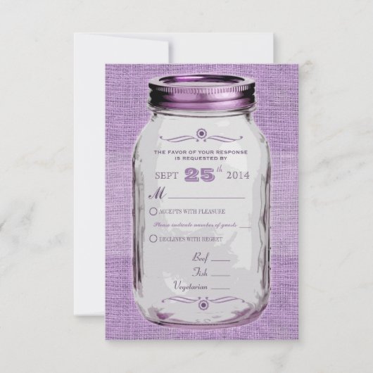 Mason Jar Rustic Vintag Look Lila benutzerdefinier RSVP Karte (Vorderseite)
