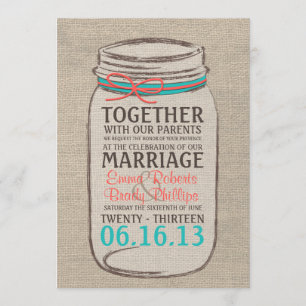 Mason Jar Rustic Wedding Einladung - Korallen Aqua