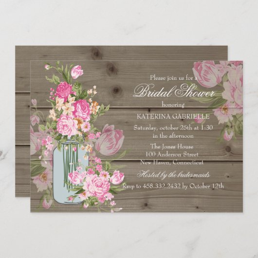 Mason Jar & Rustic Wood Brautparty Einladung (Vorne/Hinten)