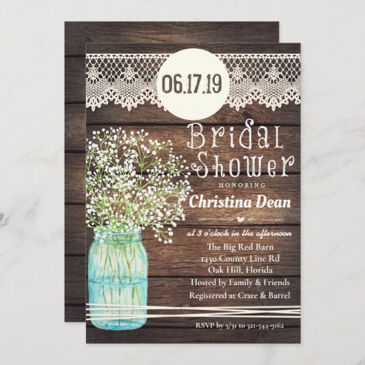 Mason Jar Rustic Wood Bridal Dusche Einladung (Vorne/Hinten)